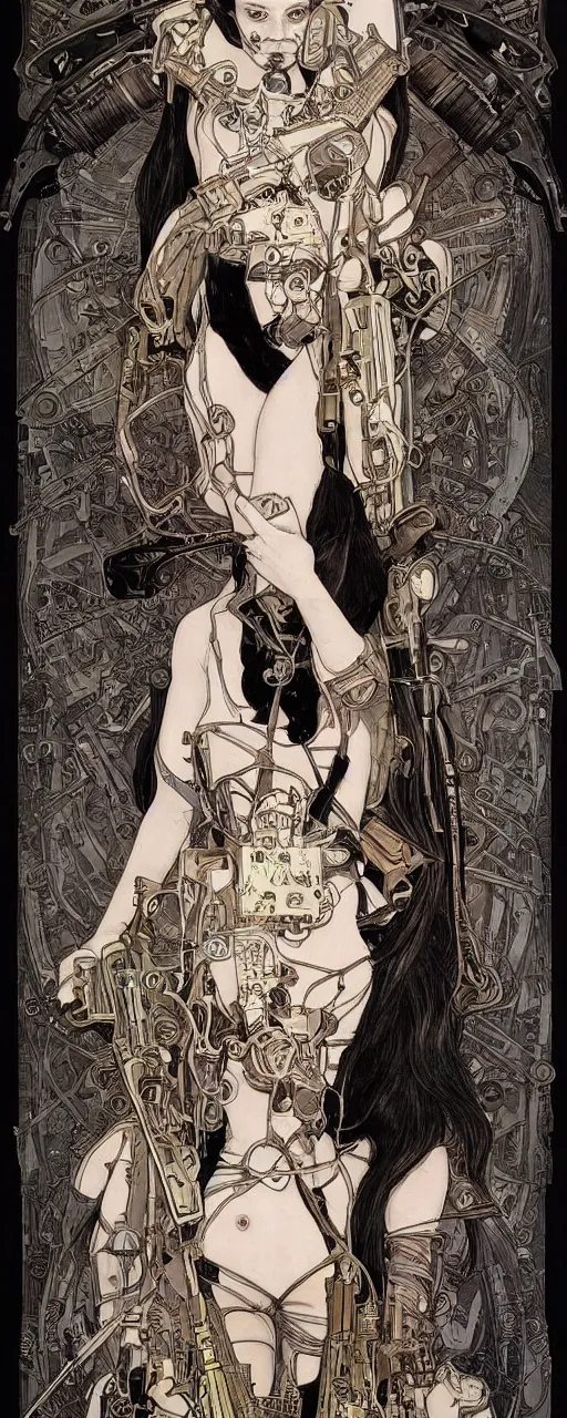 Prompt: beautiful stunning sci - fi art nouveau portrait of wednesday addams as a mad max style thrashpunk rebel soldier by michael kaluta, moebius and alphonse mucha, photorealism, extremely hyperdetailed, perfect symmetrical facial features, perfect anatomy, ornate declotage, weapons, circuitry, high technical detail, determined expression, piercing gaze