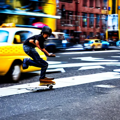 Image similar to skateboarder kickflipping over a yellow taxi, nyc street photograph, award winning, 4k