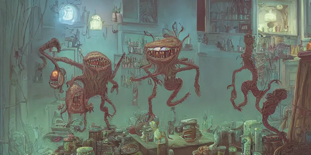 Prompt: a beautiful and highly detailed painting of an aaahh!!! Real Monsters apothecary by James Gurney and beeple | Unreal Engine: .4 | graphic novel, illustration: .5