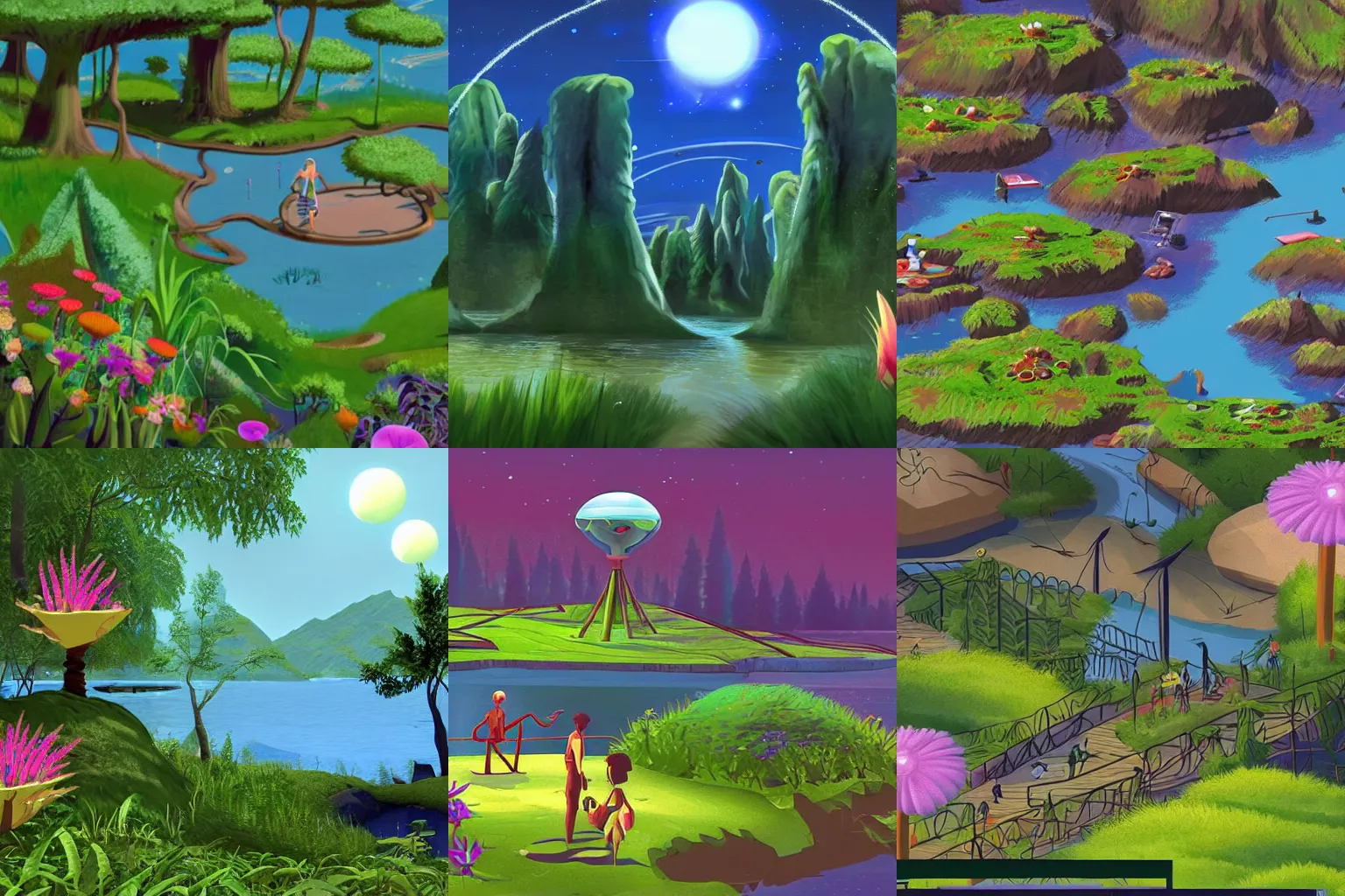 Prompt: in a park and next to a lake, in a small town on an alien planet, with strange alien plants and flowers, from a space themed Serria point and click 2D graphic adventure game, made in 1999, pixar style