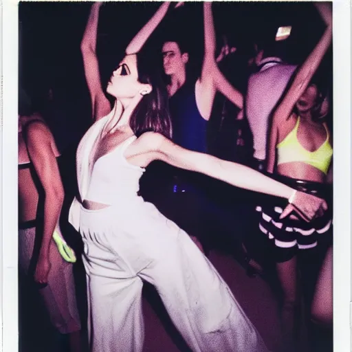 Image similar to polaroid of an attractive woman dancing, ibiza techno club, night, neon lighting, by mario testino : : ornate, dynamic, particulate, intricate, elegant, highly detailed, vogue, harper's bazaar art, fashion magazine, smooth, sharp focus, 8 k