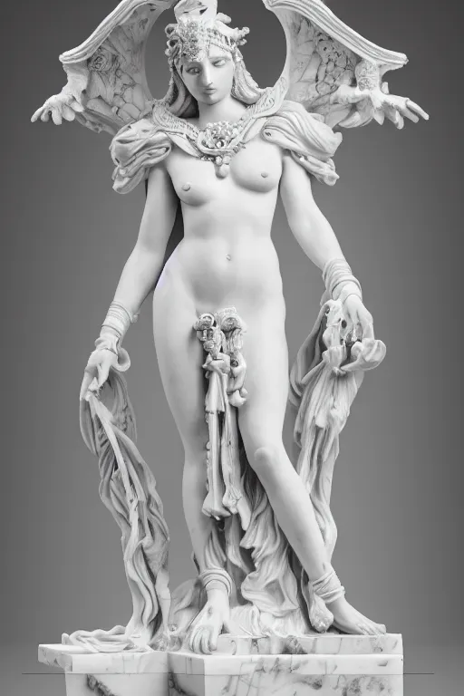 Prompt: a complex and baroque statue of the goddess Astarte in white marble full of intrincate and ornamental details, her face is perfect, studio lighting, product photography, 4k, black background, 90mm, sharp focus. Symmetrical composition