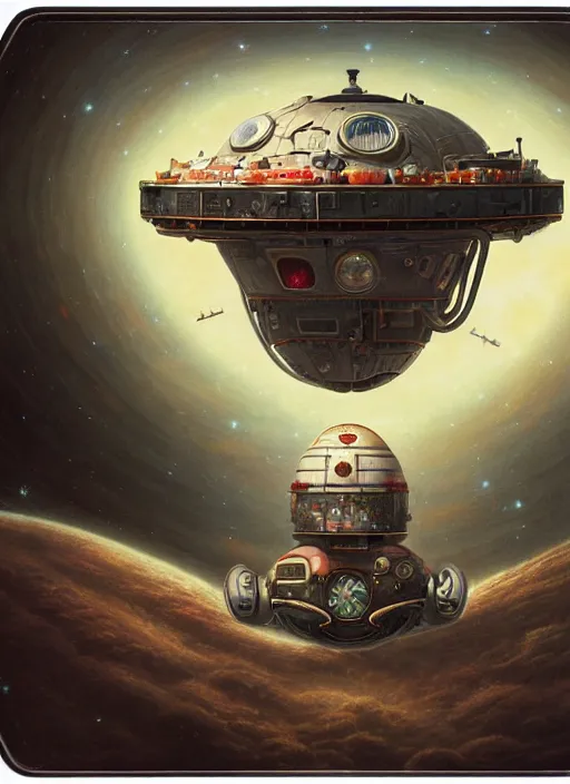 Image similar to highly detailed wide - angle portrait of a retro a retro mechanical saucer spaceship, nicoletta ceccoli, mark ryden, lostfish, earl nore, hyung tae, frank frazetta, global illumination, detailed and intricate environment