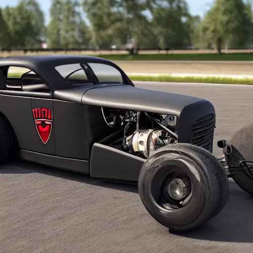 Image similar to matte black chopped and channeled tesla rat rod with a blower protruding out of the hood, 4 k photorealism, 4 k quality