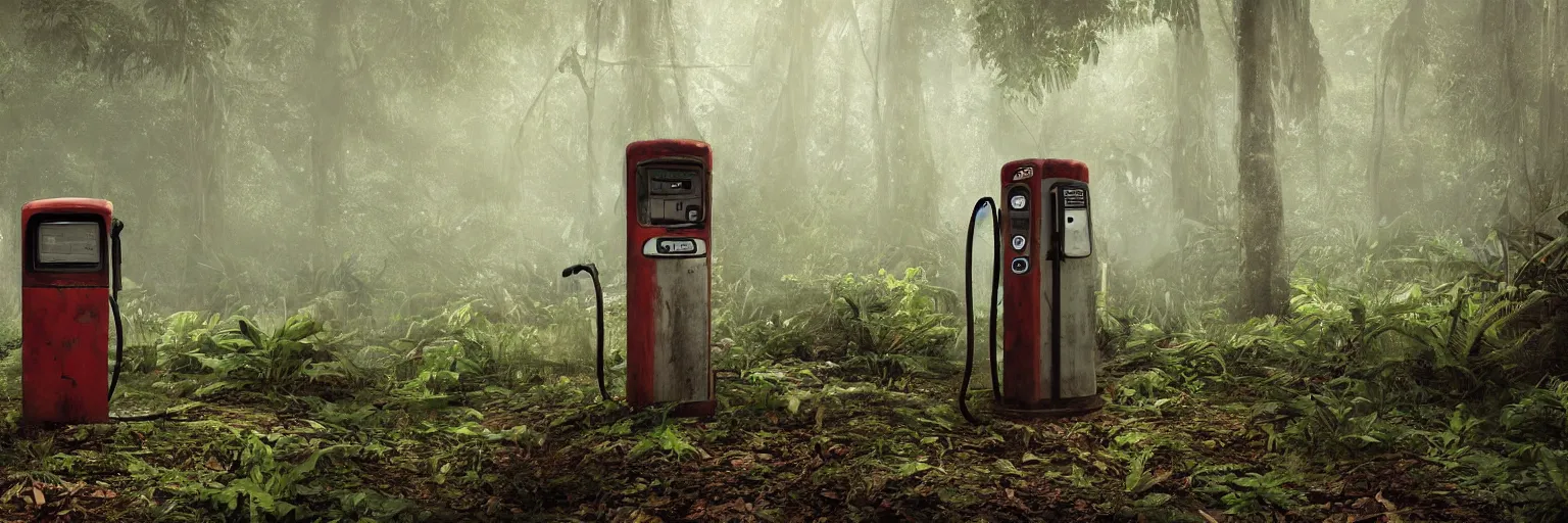 Prompt: An abandoned gas pump deep in the rainforest. The pump looks like a relic from the past. Nature is taking over. Cinematic. Mist. Soft light. Matte painting in the style of Craig Mullins. Concept Art. 4k