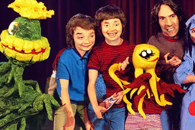 Image similar to full color frame from a live action 1972 kids show with Cthulhu, sad cheese puppet, and the friends having a tickle party, horror, grunge, upsetting