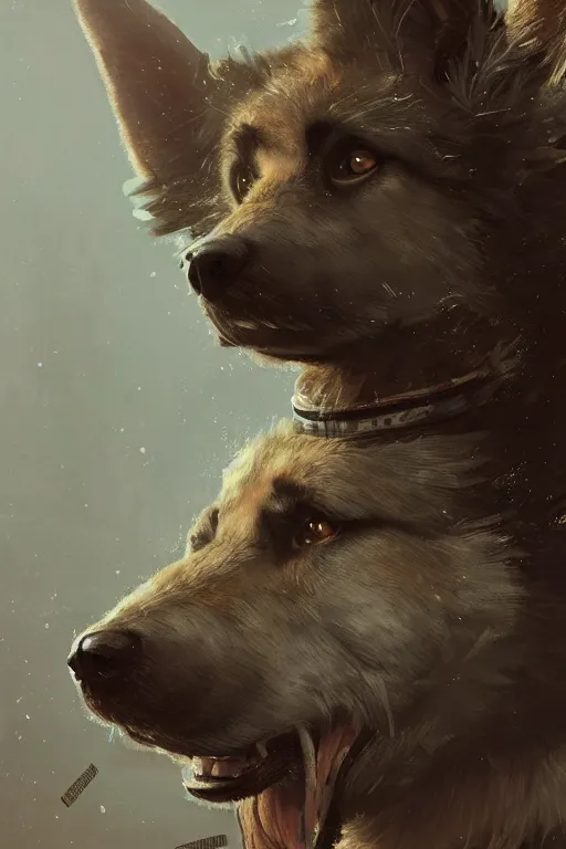 Image similar to studio portrait of furry anthro anthropomorphic german shepard head animal person fursona exposed machinery extremely detailed robot android body digital art by Greg Rutkowski, Simon Stalenhag, trending on Artstation, CGSociety