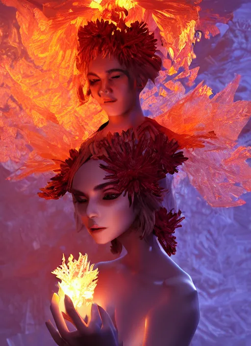Prompt: underworld dungeon, closeup of an anthropomorphic fire goddess wrapped in a flowing couture flaming tissue paper, holographic chrysanthemums, fire origami flowers, heavenly light, 3 d, very detailed, octane render, trending artstation, artgem