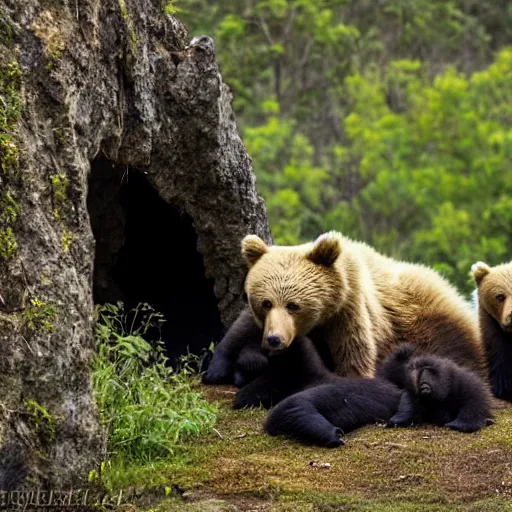 Image similar to a mother bear and her cubs sleeping in a dark cave