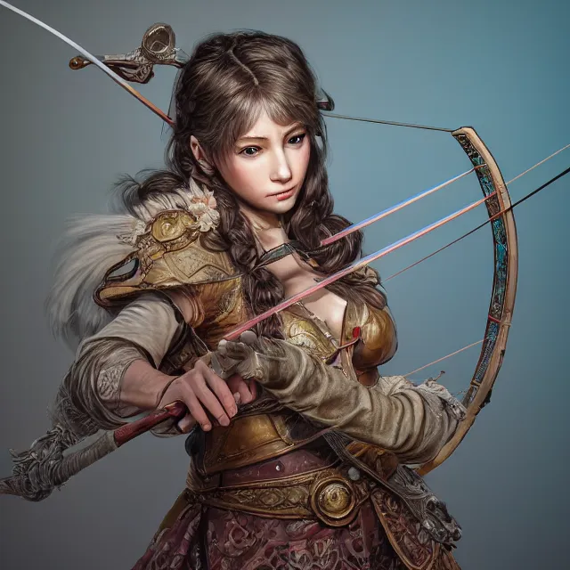 Image similar to the portrait of lawful neutral semi - colorful female archer huntress as absurdly beautiful, gorgeous, elegant, young girl, an ultrafine hyperdetailed illustration by kim jung gi, irakli nadar, intricate linework, bright colors, octopath traveler, final fantasy, unreal engine 5 highly rendered, global illumination, radiant light, detailed and intricate environment