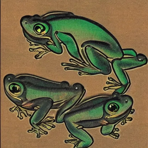 Prompt: ancient Japanese color art of a trio of frogs in different colors