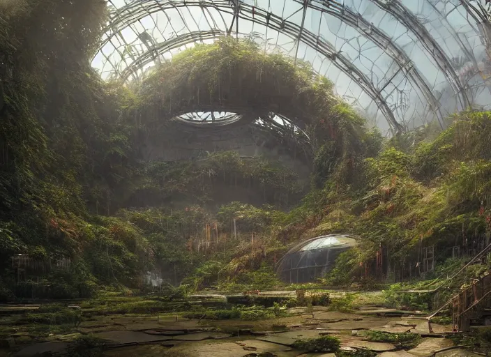 Image similar to highly detailed digital matte painting of a beautiful abandoned, overgrown, damaged biodome, by Raphael LaCoste and Ruan Jia and Robert McCall, postcyberpunk, geodesic dome, hyperdetailed, sunrise, wide shot, autochrome, octane render