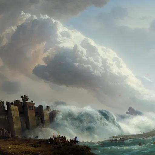 Image similar to Panorama view of a hurricane lifting the ruins of a bastion into a sea of clouds, flying island, oil painting, by Greg Rutkowski