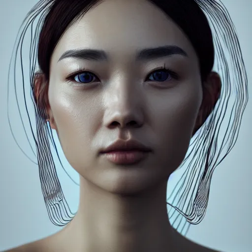 Image similar to intricate highly detailed face portrait of asian - european woman, silver water vines on her face, intricate, cgsociety, unreal engine, octane render, sharp focus, smooth, volumetric lighting, cinematic composition, artstation