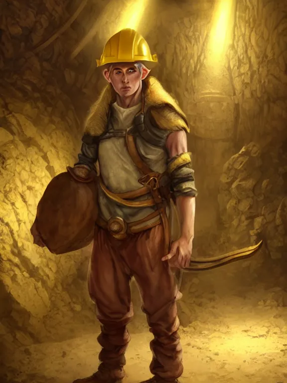 Prompt: picture of male miner young pointy eared elf inside a gold mine, burly, work clothes, safety helmet, light skin, dark yellow hair, ponytail, sweat, dirty clothes, high fantasy, highly detailed, detailed faces, smooth, sharp focus, chiaroscuro, dnd, digital painting, concept art, rossdraws and moebius and jon mcnaughton