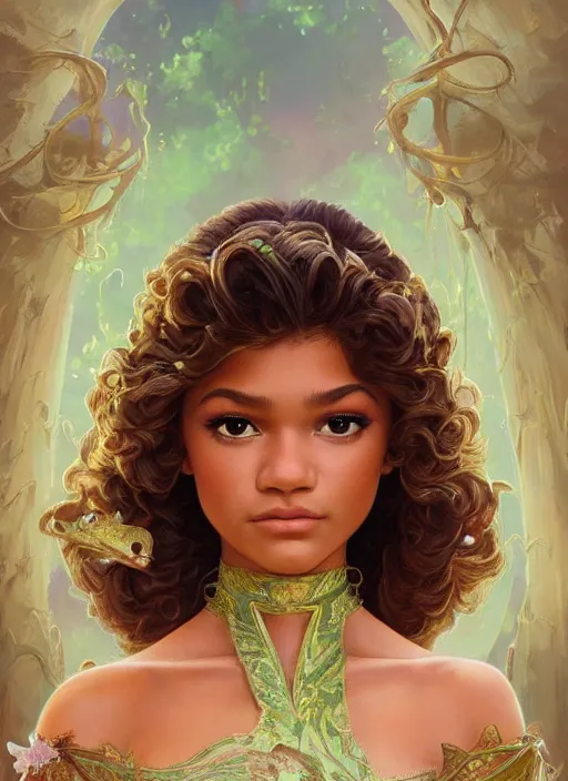 Image similar to beautiful young zendaya as tiana princess disney, frog closeup, d & d, fantasy, intricate, elegant, highly detailed, digital painting, artstation, concept art, matte, sharp focus, illustration, art by artgerm and greg rutkowski and alphonse mucha