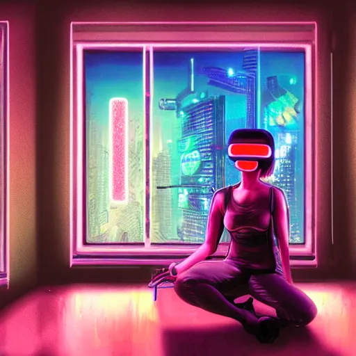 Image similar to matte painting of a woman in vr headset sitting in cyberpunk room behind the window, neon glow, by masamune shirow