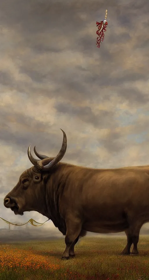 Prompt: a medium shot of a giant bull with horns decorated!!! with bells and ribbons, background is the spiral stairs heading to sky, in the steppe, autumn field, misty background, from the game pathologic 2, highly detailed, sharp focus, matte painting, by rosa bonheur, by isaac levitan and asher brown durand,