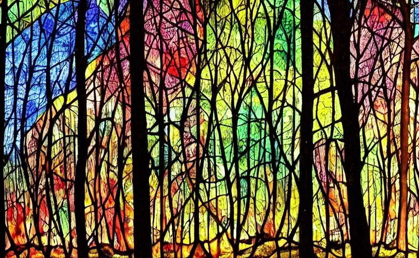 Prompt: a beautiful painting of a stained glass forest