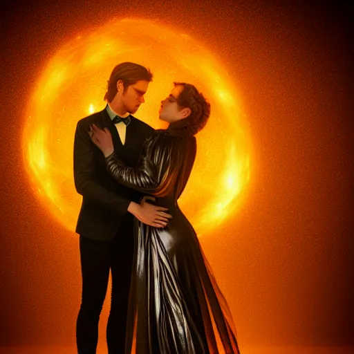 Prompt: woman and man embracing the burning cosmos of light and love created with a dark atmosphere in a gothic macabre haute couture look and bespoke feel hd 3 d