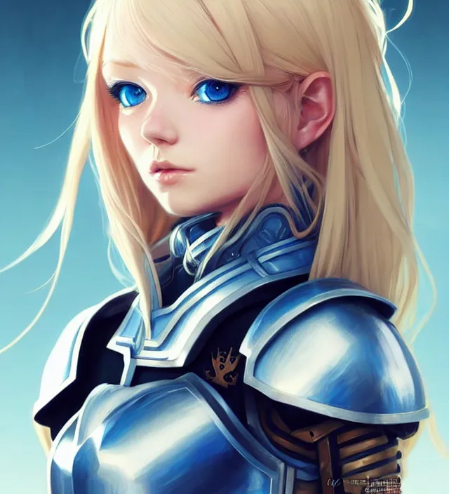 Image similar to character concept art of a cute german woman with blond hair and blue eyes, wearing plastic armor. lovely - fine - face, pretty face, key visual, realistic shaded perfect face, fine details by wlop, rossdraws, james jean, andrei riabovitchev, marc simonetti, sakimichan, trending on artstation