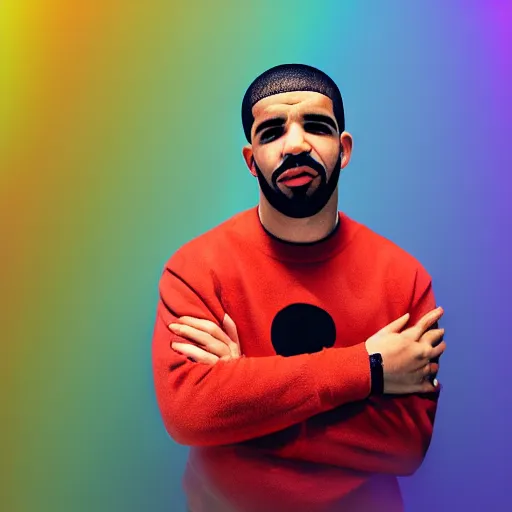 Image similar to drake the rapper in the splits position, with rainbow above his head, high quality, 8 k,