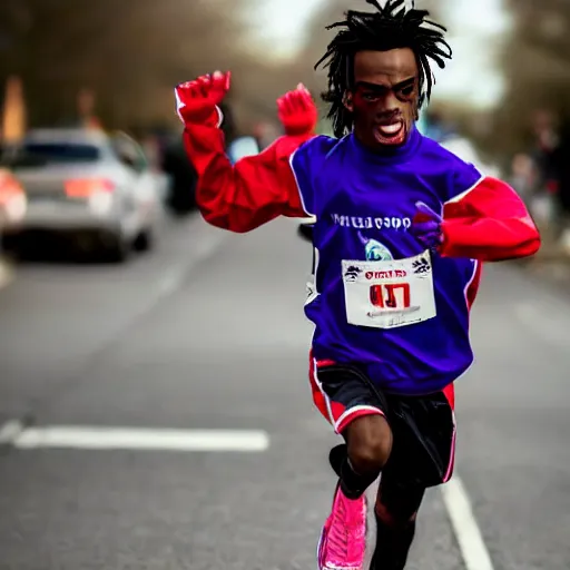 Image similar to portrait of midget down syndrome playboi carti running in a marathon, sharp focus, 4 k editorial photograph, soft lighting, depth of field