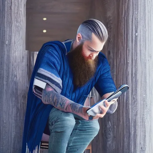 Prompt: Beautiful Photograph of an Almighty Odin Browsing TikTok on his smartphone