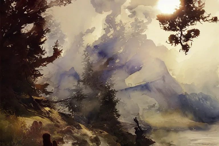 Image similar to watercolor painting of scandinavian mythology, magical, ambient lighting, art by hans gude, art by hans dahl, by jesper ejsing, art by anders zorn, wonderful masterpiece by greg rutkowski, cinematic light, american romanticism by greg manchess, creation by tyler edlin, heavy clouds and sun