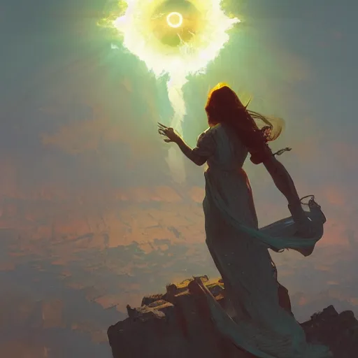 Image similar to A nuclear explosion opening a portal to another dimension, digital painting, artstation, concept art, sharp focus, illustration, art by greg rutkowski and alphonse mucha