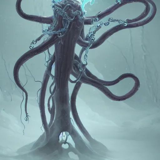 Image similar to concept designs of a chained ethereal ghostly wraith like figure with a squid like parasite latched onto its transparent skull and long tentacle arms that flow lazily but gracefully at its sides like a cloak while it floats around a frozen rocky tundra in the snow searching for lost souls and that hides amongst the frozen underbrush, this character has hydrokinesis and electrokinesis for the resident evil village video game franchise with inspiration from the franchise Bloodborne in the style of arcane the series on netflix