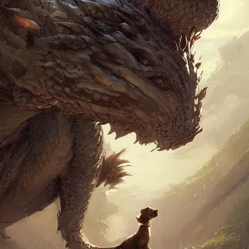 Image similar to the side view of a dog, a little terrier, touching his nose to the nose of a huge dragon, beautiful fantasy painting by greg rutkowski