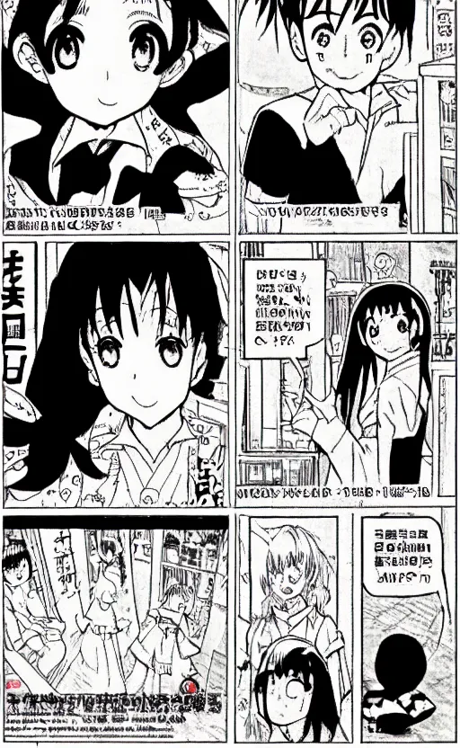 Prompt: multi-panel manga comic by Naoko Takeuchi and Junji ito, four panel black and white 4-koma, School comedy shoujo manga