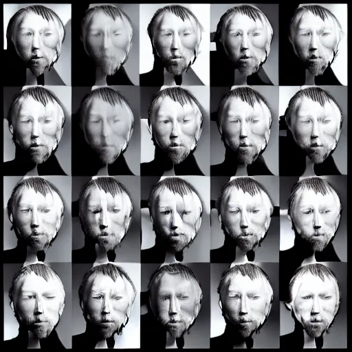 Image similar to version collage, hyper realistic, many variations of very old thom yorke, face variations, statue of ultron body, very long shot, cybernetic, high quality, brush stroke