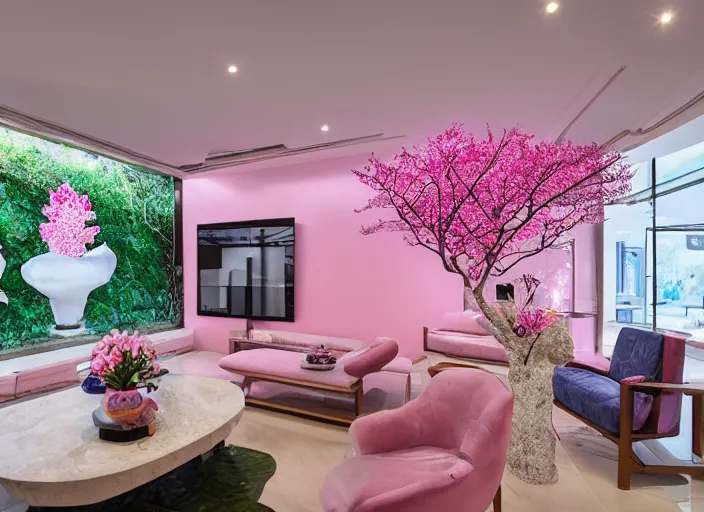 Prompt: luxury pink lush singaporean garden with sakura flowers inside white japanese themed living room with multiversal tv and royal blue high tech couch, by james jean and peter mohrbacher and ruan jia, set in travertine terraces waters, elegant, majestic, mystical, high - end