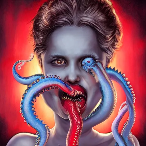 Prompt: highly photorealistic expired fuji film portrait of woman with long tentacled red tongue combined with stranger creatures, in the style of frank bairstow, artgerm, james cameron, marvel comics, ridley scott, cinematic lighting, imax quality, 8 k, award winning photography