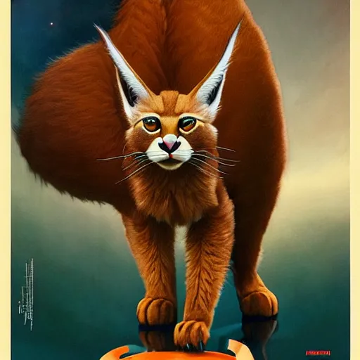 Prompt: movie poster art of cute fluffy caracal, horror, highly detailed, smooth, illustration, artgerm, leyendecker, wlop by katherine lam, michael whelan and tomer hanuka, godward, gustav moreau, saturno butto, boris vallejo