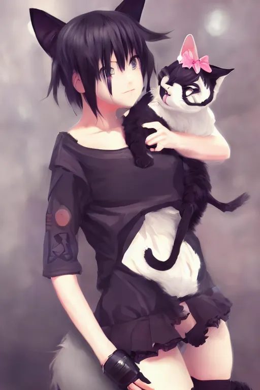 Image similar to anime girl with short hair and cat ears playing with a small black kitten, concept art, wlop, digital painting, trending on artstation, highly detailed, epic composition, official media, 8 k uhd