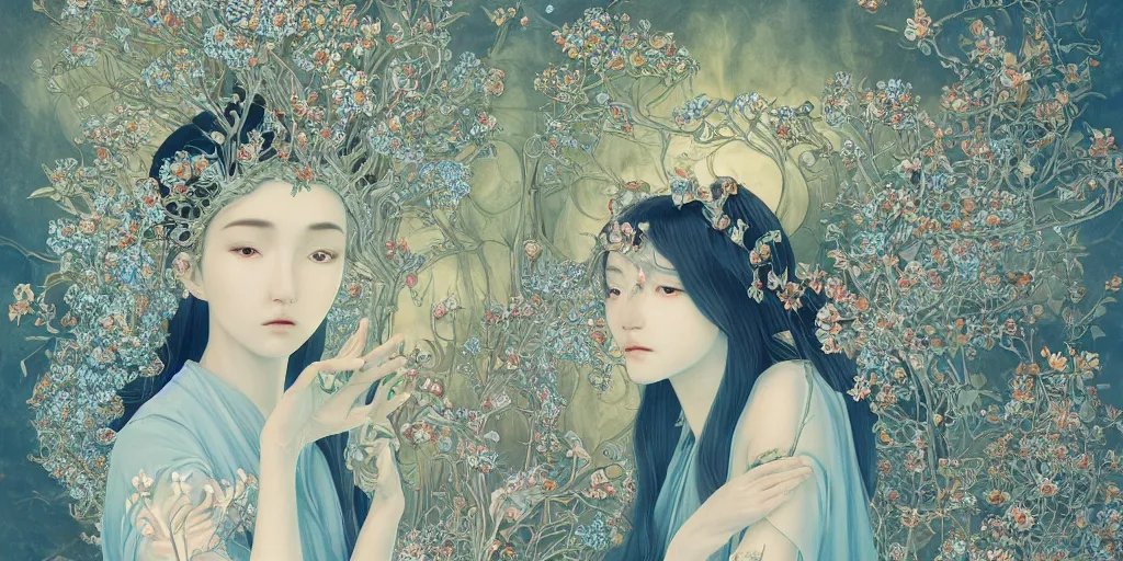 Image similar to breathtaking detailed concept art painting of the goddesses of nemophila flowers, orthodox saint, with anxious, piercing eyes, ornate background, amalgamation of leaves and flowers, by Hsiao-Ron Cheng, James jean, Miho Hirano, Hayao Miyazaki, extremely moody lighting, Black paper, cut paper texture, Full of light-blue and silver and white layers, 8K