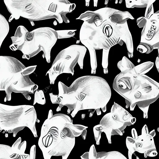 Image similar to pigs and crowns on a white background, wallpaper, Illustration, Anatomical Drawing, Painting, black and white, high contrast