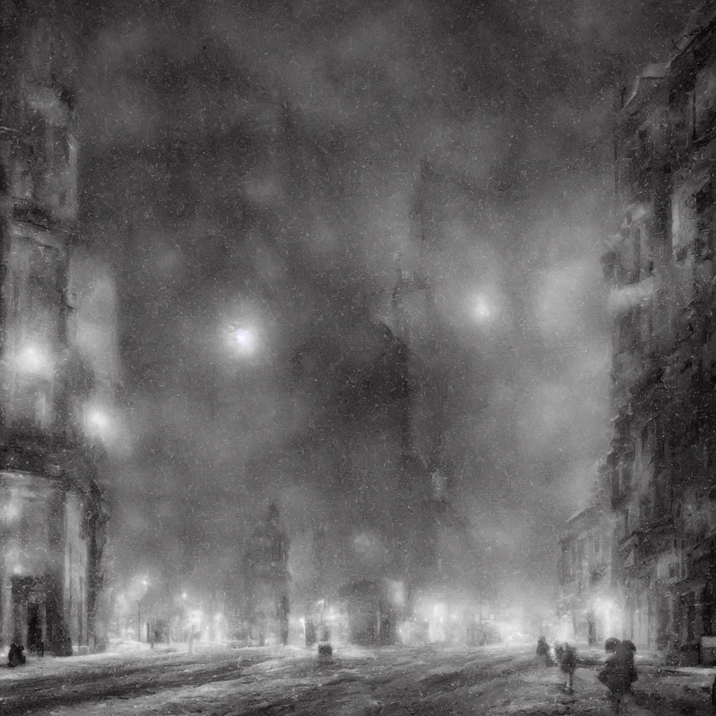 Image similar to 1 9 2 0 s warsaw during an arctic storm, dark, digital art, by james gurney