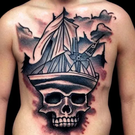 Prompt: A magical pirate ship tattoo realistic tattoo sketch on white background, hyper realistic shaded tattoo, award winning tattoo