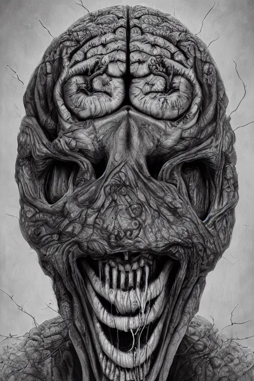 Prompt: Haunting horrifying hyperrealistic detailed portrait painting of a brain with human eyes and teeth with a big grinning smile, looking happy, dystopian feel, heavy metal, disgusting, creepy, unsettling, in the style of Michael Whelan and Zdzisław Beksiński, lovecraftian, hyper detailed, trending on Artstation