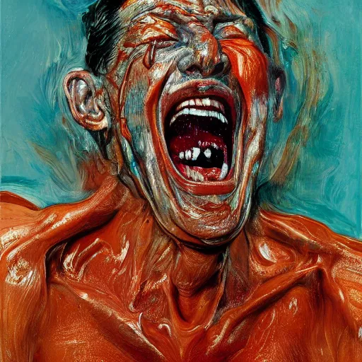 Prompt: high quality high detail painting of a man screaming in agony by lucian freud and jenny saville and francis bacon, hd, anxiety, turquoise and orange