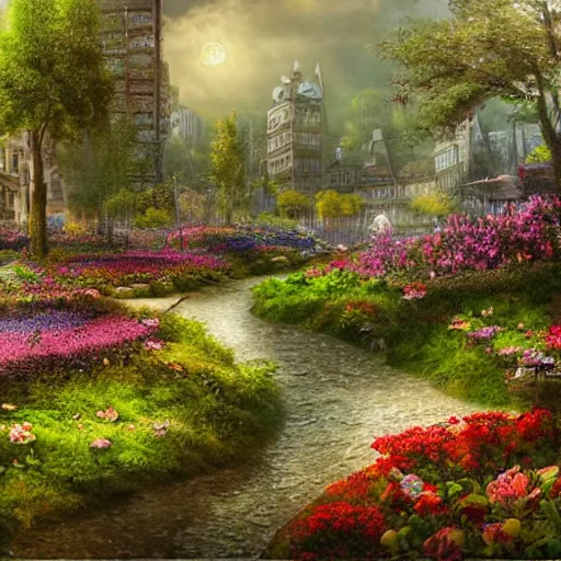 Prompt: a woodland city blooming with flowers by christian dimitrov, cityscape, multilevel, detailed, beautiful, realistic