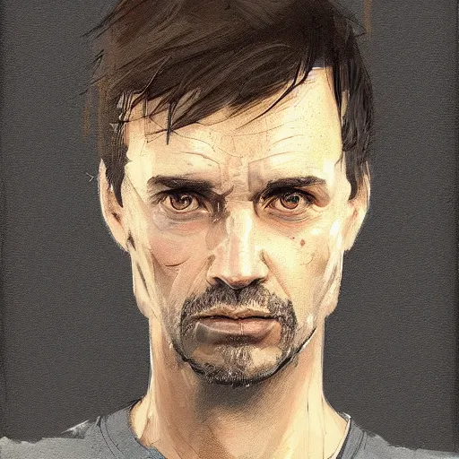 Prompt: Portrait of a man by Greg Rutkowski, he is about 40 years old, southern slav features, messy brown short hair, strong and tall, tired expression, he is wearing a black tank top, highly detailed portrait, digital painting, artstation, concept art, smooth, sharp foccus ilustration, Artstation HQ.