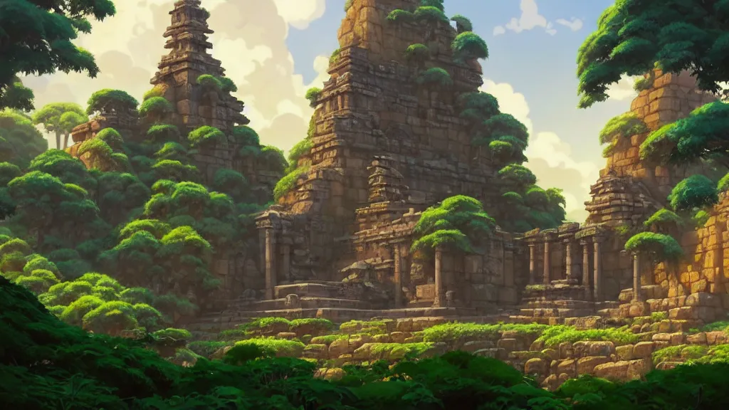 Image similar to ancient temple ruins, studio ghibli, pixar and disney animation, sharp, rendered in unreal engine 5, highly detailed, digital painting, artstation, concept art, smooth, sharp focus, illustration, wide angle, artbook, wallpaper, splash art, promo art, dramatic lighting, art by artgerm and greg rutkowski and bo chen and jin xiaodi