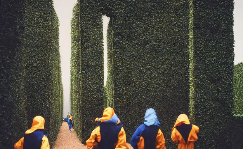 Image similar to cinestill 5 0 d photographic portrait by helen levitt of evil hazmat scientists walking through a brutalist hedge maze, extreme closeup, cinematic, modern cyberpunk, dust storm, 8 k, hd, high resolution, 3 5 mm, f / 3 2