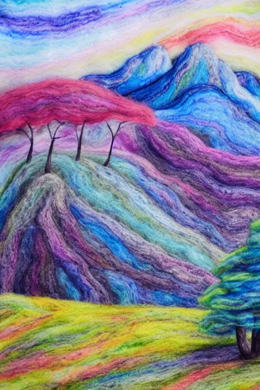 Image similar to fantastic mountain landscape, pastel colors, huge trees, dry felting, watercolors