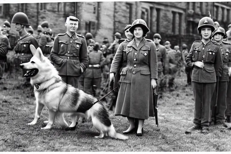 Image similar to ultra wide 1 9 4 6 historical far away photo of young queen elizabeth and her corgi army accepting the surrender of the german army, highly detailed